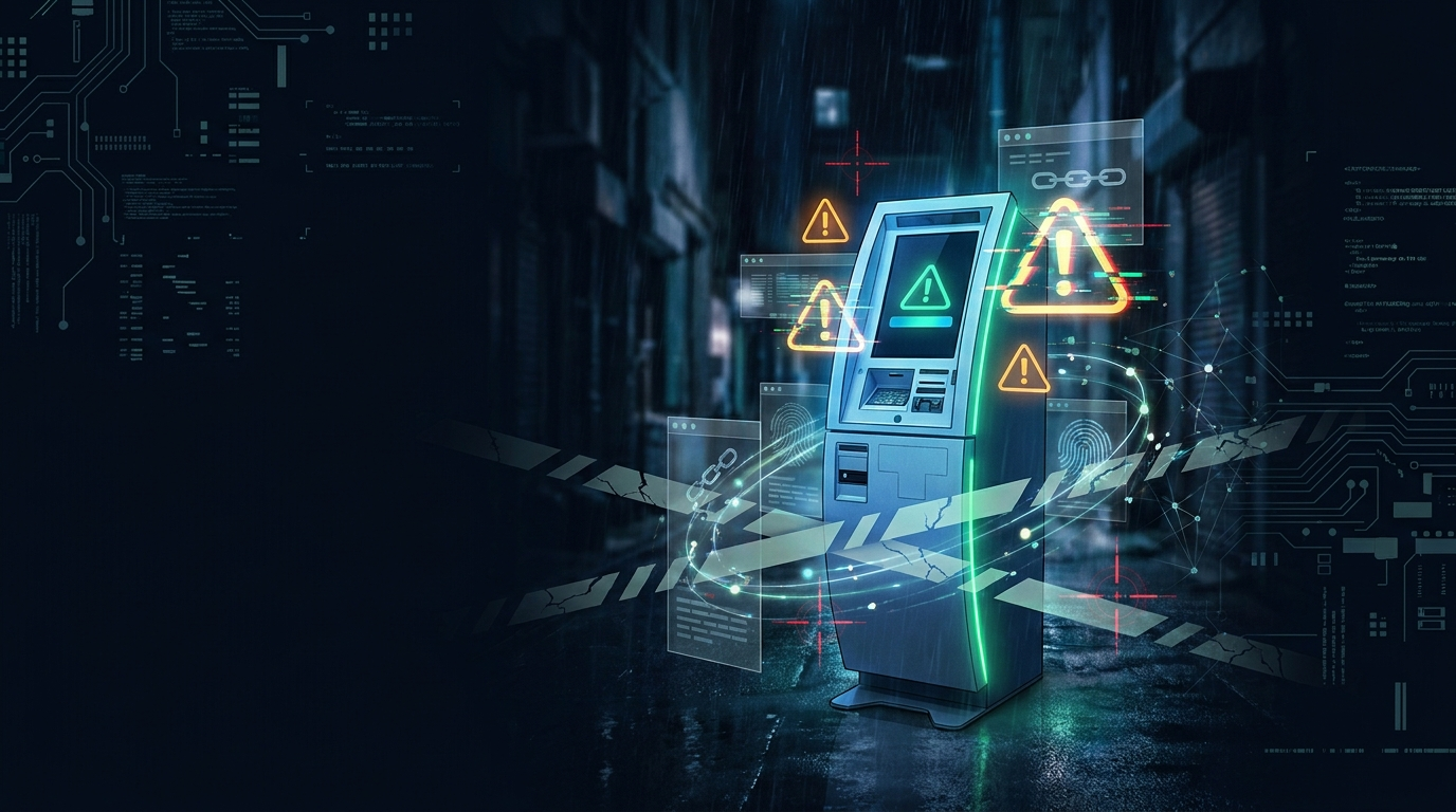 Distributeur de cryptomonnaies dans la penombre avec alerte de fraude