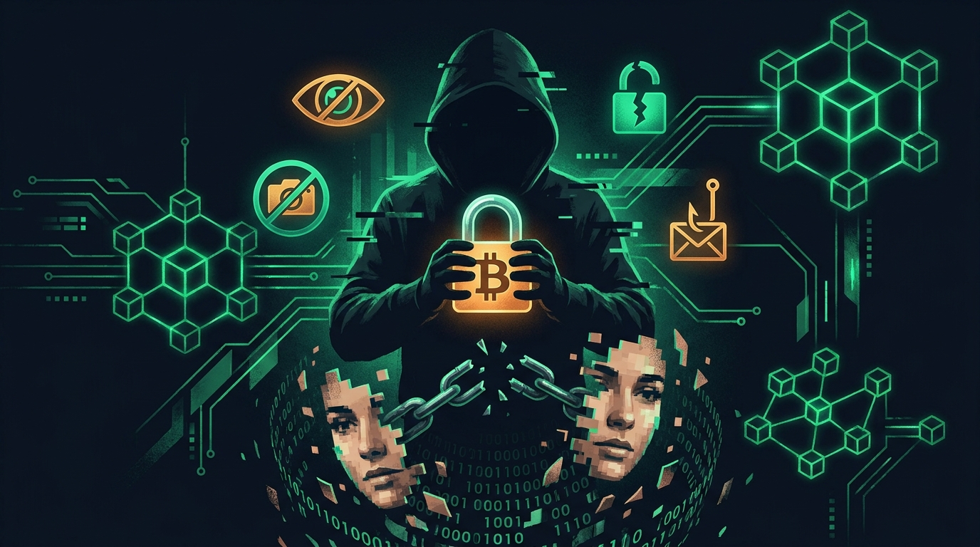 Illustration d'un cadenas sur des symboles de cryptomonnaies représentant des menaces de chantage et de sextorsion